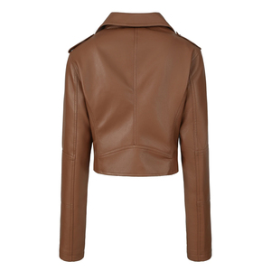 Otoño 2025 Nueva chaqueta de moto de cuero marrón genuino ajustada para mujer con cinturón corto imitación de cuero teñido liso - Product Image 6