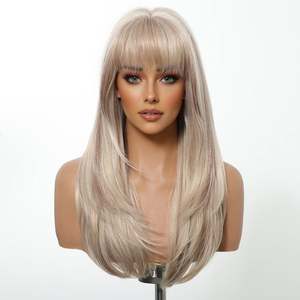 DWY NEWIN Tina Long-Length Glueless Synthetic <b>Wig</b> Layer-Cut Straight with Air Bangs Linen Brown with Light Brown Lace Highlights - Product Image 6