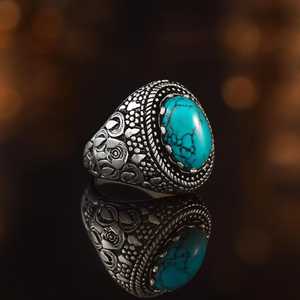Oval Turquoise Ring 925 Sterling <b>Silver</b> Handmade Vintage Jewelry For Women Statement Ring Wholesale Supplier - Product Image 3