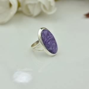 Trending 925 Sterling <b>Silver</b> Oval Cut Charoite Gemstone Rhodium Plated <b>Boho</b> Style Wedding <b>Ring</b> for Women Party Gift - Product Image 2
