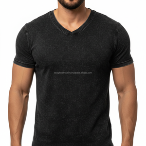 T-shirt col en V en coton lavé coupe ajustée pour homme, noir, vente en gros, commande en vrac, OEM, marque privée - Product Image 2