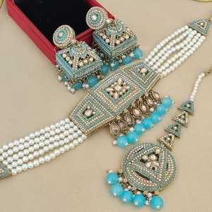 Conjunto de joyería nupcial tradicional india, collar de Gargantilla, pendientes Jhumki y Maang Tikka, boda étnica y ropa festiva para mujer - Product Image 6