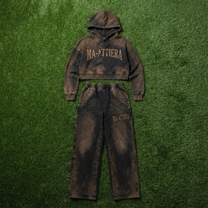 Custom Women Acid Wash Dark Brown Cropped Hoodie <b>Wide</b> <b>Leg</b> <b>Jogger</b> Set Cotton Fleece Streetwear Tracksuit OEM Wholesale - Product Image 5