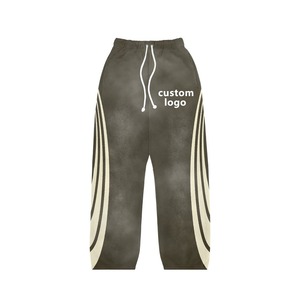 Custom Embroidery Logo Winter Streetwear Breathable Acid Washed Distressed 400g Tracksuits 100% Cotton Patch <b>Sweatpants</b> <b>Set</b> Men - Product Image 3