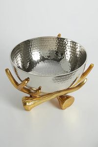 Bol à fruits moderne en métal martelé argenté avec un travail fantaisie, forme ronde, bol de service avec support en métal doré, décoration moderne pour la maison en métal - Product Image 4