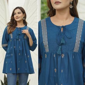 Túnica de algodón acampanada Neeta Creation para mujer, rosa, blanco, motivos étnicos indios bordados, manga 3/4, Top decorado con encaje de verano - Product Image 5