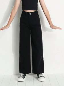 Pantalons en jean personnalisés pour femmes, jeans taille haute pour la vente en gros, couleur noire unie, pantalon en jean droit à jambes larges pour femmes - Product Image 2