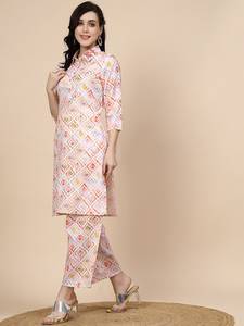 Geometric Printed Shirt Collar Regular Kurta with <b>Trousers</b> Indian Handmade Polyester Plazo Kurti Set Women Fashion Clothing - Product Image 4