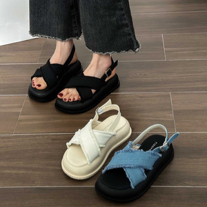 Women'S Classic Casual Vacation Style Blue Denim Fringed Thick Sole Soft Sole Sandals and Slippers Casual Comfy X-Strap Shoes - Product Image 5