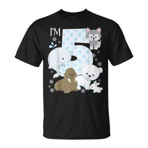 Camiseta de Cumpleaños Número 5 con Temática de Animales del Ártico: Oso Polar, Morsa, Zorro y Animales Marinos, Producto Promocional - Product Image 1