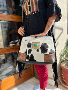 Sac à bandoulière à frange en cuir avec fourrure en cuir, fait à la main, Style Boho, sacs en cuir sculpté et pierre Turquoise, nouveau Style occidental - Product Image 5