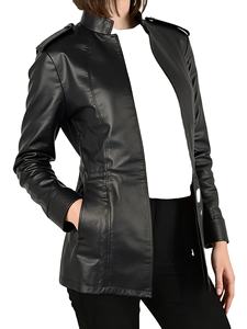 Veste en cuir PU pour femmes en détresse Faux cuir col montant Vintage inspiré Trench à manches longues vêtements d'extérieur fermeture éclair pour l'automne - Product Image 4