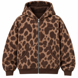Custom Mens Oversized Brown Spotted Zip Hoodie Heavyweight Fleece Streetwear <b>Sweatshirt</b> Private Label OEM Manufacturer - Product Image 3
