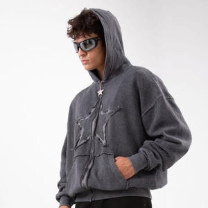 Sweat à capuche zippé avec logo personnalisé, délavé à l'acide, en polaire, 400gsm, sweats à capuche surdimensionnés vintage pour hommes, logo avec motif brodé sur mesure - Product Image 4