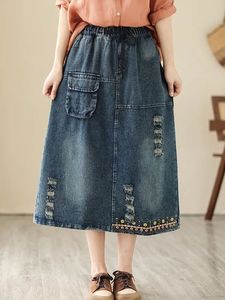 Falda Midi Vaquera de Cintura Alta para Mujer, Corte en A, Bordado Floral, Algodón Lavado, Estilo Casual de Primavera - Product Image 3