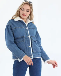 Veste matelassée en denim vintage pour femme, en peau de mouton, manches longues, élégante, décontractée, bleue, boutons personnalisés, manches amovibles - Product Image 6
