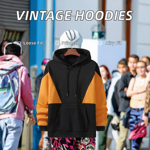 Custom <b>Mens</b> <b>Black</b> Orange Color Block Pullover Hoodie <b>Fleece</b> Hooded Sweatshirt Casual Trackstar OEM Private Label - Product Image 2