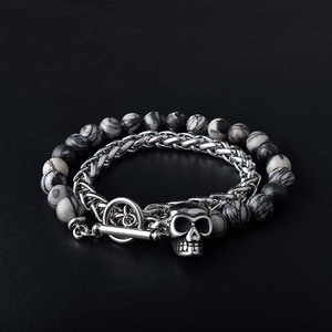 Pulsera Ajustable de Acero Inoxidable con Cabeza de Calavera, Pulsera de Cadena de Mano de Trigo, Ojo de Tigre, Piedra Volcánica, Brazaletes Negros para Hombre - Product Image 3