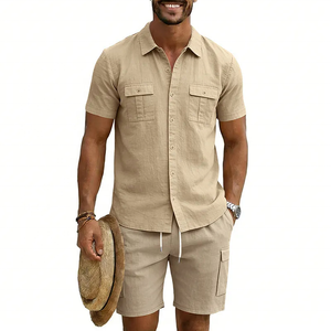 Men's Navy Blue Short Sleeve Shirt Cargo Shorts <b>Set</b> Casual Summer Outfit Solid Color Breathable <b>Knitted</b> Fabric BLIZ SPORTS WEAR - Product Image 5