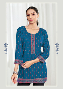 Kurti court multi-imprimé en tissu Bombay de rayonne lourde pour le style formel de coton de filles de bureau et d'université - Product Image 4