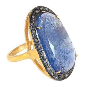 Women's Statement Blue Glass Filled Sapphire 925 Silver <b>Cocktail</b> <b>Ring</b> with Prong Setting in <b>Gold</b> Plating - Product Image 1