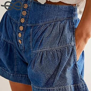 Shorts de Mezclilla para Mujer, Casuales, de Verano, Cintura Media, Pierna Ancha, Plisados, con Volantes, Modernos, Cómodos, Lavados, de Color - Product Image 6