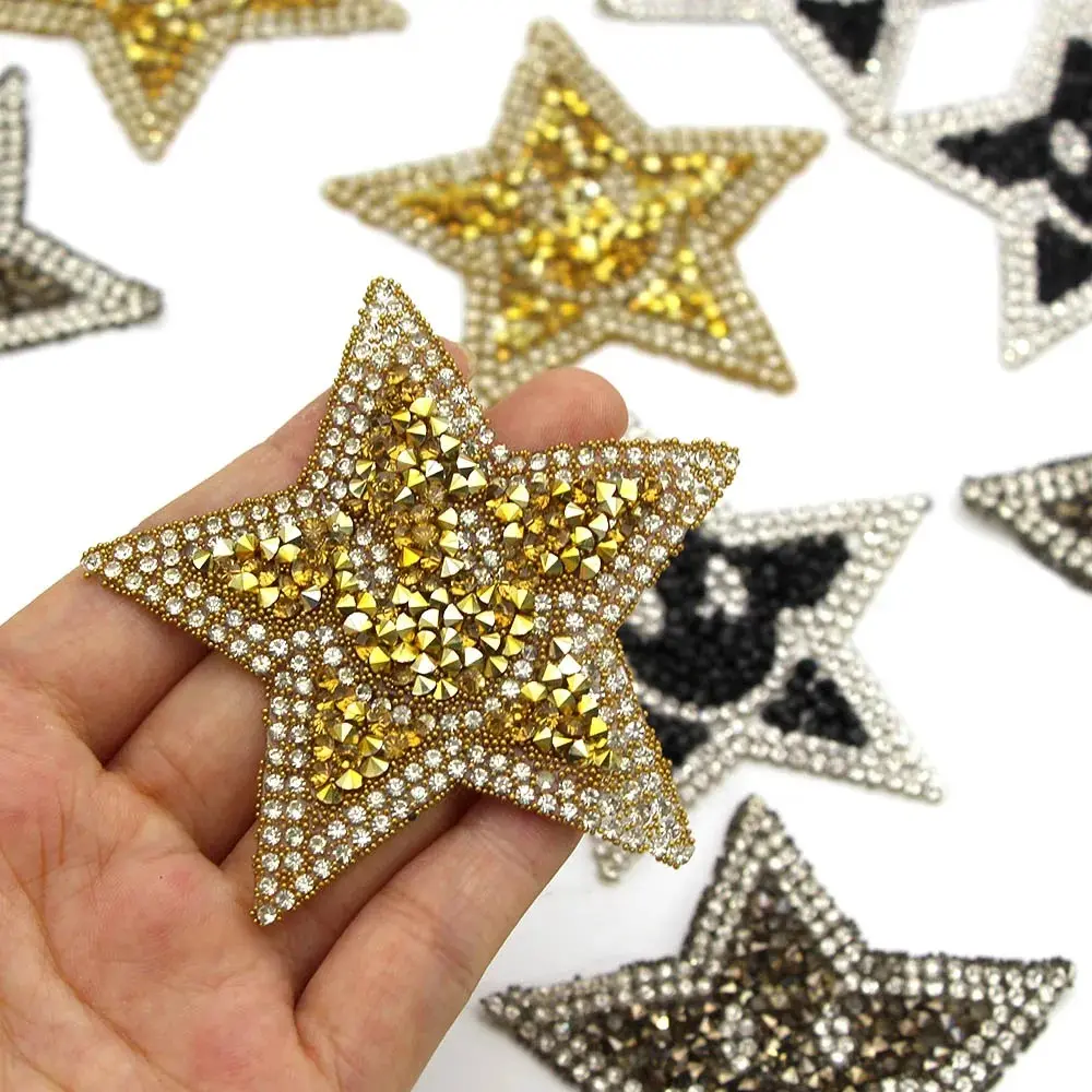1 buah tambalan berlian imitasi bintang emas hitam abu-abu Applique besi berlian buatan pada tambalan Pentagram senyum untuk pakaian topi tas DIY