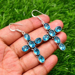 Bijoux bohème naturel topaze bleue croix boucles d'oreilles en argent Sterling 925 fait à la main pierre précieuse crochet goutte balancent cadeau pour elle - Product Image 2