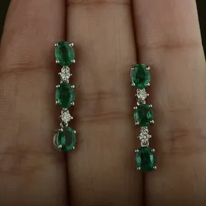 皇家女性新趋势耳环实心18k金椭圆形天然祖母绿圆形钻石长耳坠女性手工饰品