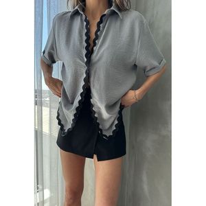 Topshow Women's Gray Striped <b>Linen</b> Blend Shirt with Rhinestone Embellishment, Casual Loose Fit Blouse for Everyday Wear - Product Image 2