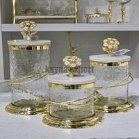 Ensemble de pots en verre décoratifs cylindriques vintage de luxe avec couvercle en marbre, feuille d'or, design martelé, écologique, alimentaire, couvercle de rangement