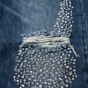 Jeans en denim mi-lourd pour hommes, strass personnalisés pour pantalon baggy déchiré, pantalon streetwear, pantalon Y2K, braguette à boutons hauts - Product Image 4