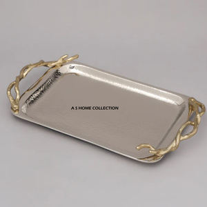 Bandeja Decorativa de Aluminio Más Vendida, Forma Rectangular, Plateada con Asa Dorada, Bandeja para Servir Aperitivos - Product Image 1