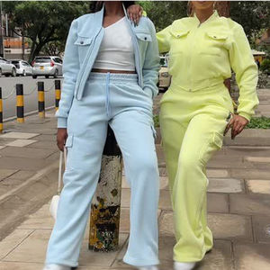 Conjunto de 2 Piezas para Mujer, Sudadera con Capucha de Felpa y Pantalones con Múltiples Bolsillos, Estilo Deportivo Casual, Traje Largo de Invierno, Personalizable, con Cremallera, a la Moda - Product Image 6