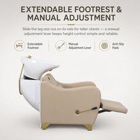 Fauteuil de lavage de cheveux pour salon, beige, avec robinet doré, lavabo en céramique blanc, repose-pieds extensible, réglage manuel
