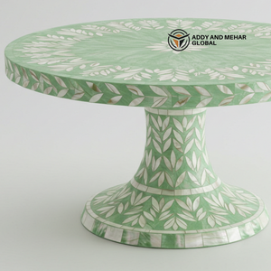 Support à gâteau de luxe en nacre verte incrustée de feuilles florales artisanales sur pied, assiette à dessert - Product Image 5