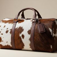 Bolsa de Viaje de Cuero Genuino de Primera Calidad, Color Marrón y Blanco, con Cierre de Cremallera y Asa Extensible, Hecha a Mano