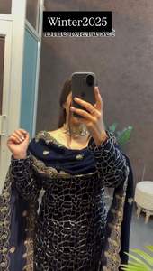 Tissu en velours bleu indien pakistanais, broderie fantaisie de designer, tendance, fête, mariage, tenue traditionnelle décontractée, salwar kameez - Product Image 3