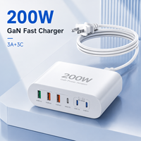 Chargeur de bureau HNT OEM ODM 200W GaN, 3 ports Type C, 3 ports USB-A, station de charge multi-appareils, adaptateur secteur Carga Rapida, prise US EU UK AU