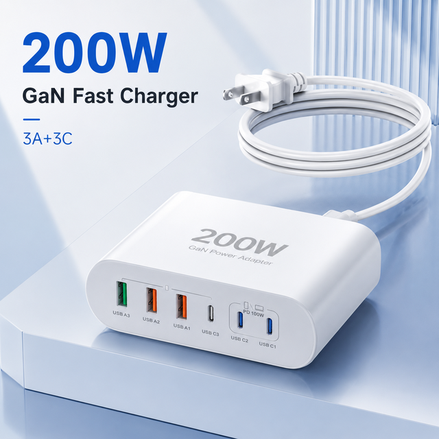 HNT OEM ODM 200W GaN Desktop Charger 3 Type C 3 USB-A Multi Device Charging Station Carga Rapida Power Adapter US EU UK AU Plug