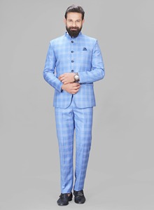 Traje de poliéster Jodhpuri de 2 piezas con cuello de prohibición de cuadros básico para hombre, ropa Formal de ajuste Regular larga, características transpirables antiarrugas-Scoot - Product Image 6