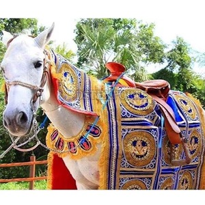 Hermoso diseño de pavo real traje de caballo de boda decorado oro rojo traje de caballo de boda último traje de caballo bordado dorado - Product Image 6