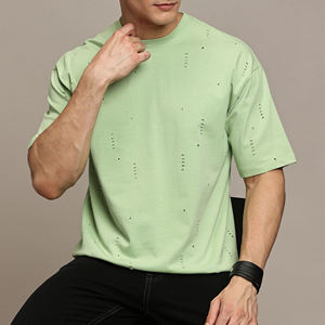 Oversize Blanqueado Color sólido Vintage Print Ripped Blank 100% Algodón Desgastado Transpirable Camiseta de hombre Precio al por mayor - Product Image 5