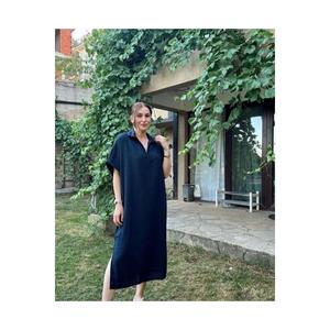 Abito Midi da donna con scollo a spacco in tessuto di lino - Product Image 1