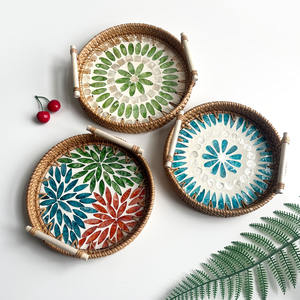 Bandejas MOP de ratán de diseño elegante para decoración de alimentos, bandeja con incrustaciones de mosaico de madreperla, servicio de pastelería de pan - Product Image 1