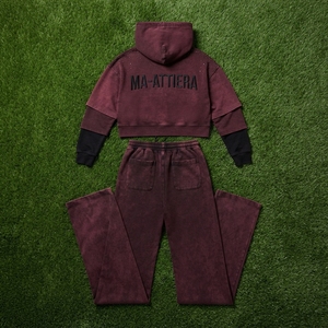 Custom <b>Women</b> Burgundy Acid Wash Cropped Hoodie Wide Leg <b>Jogger</b> Set Cotton Fleece Streetwear Tracksuit OEM - Product Image 5