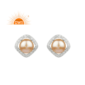 New Arrival Fine Sterling Silver Natural Cz And Pink Pearl Gemstone <b>Stud</b> <b>Earring</b> Jewelry Manufacturer - Product Image 1
