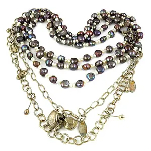 ART PALACE Collier multi-brins en perles rondes gris foncé plaqué argent 925 pour femme, style judaïque, pour fêtes et mariages, bijoux élégants - Product Image 2