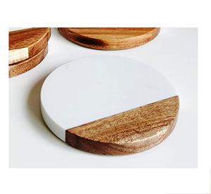 Round Marble Acacia Wood Coasters <b>Set</b> of 4 Natural Wood And Marble Mango coaster Made In India - Product Image 1