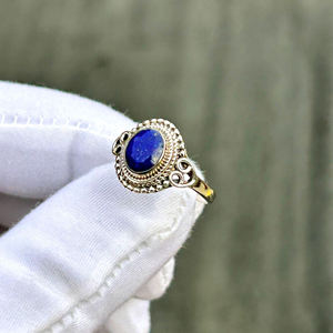 Anillo de lapislázuli Natural de estilo bohemio, Plata de Ley 925, piedras preciosas ovaladas finas, joyería minimalista Bohemia hecha a mano para mujer - Product Image 3
